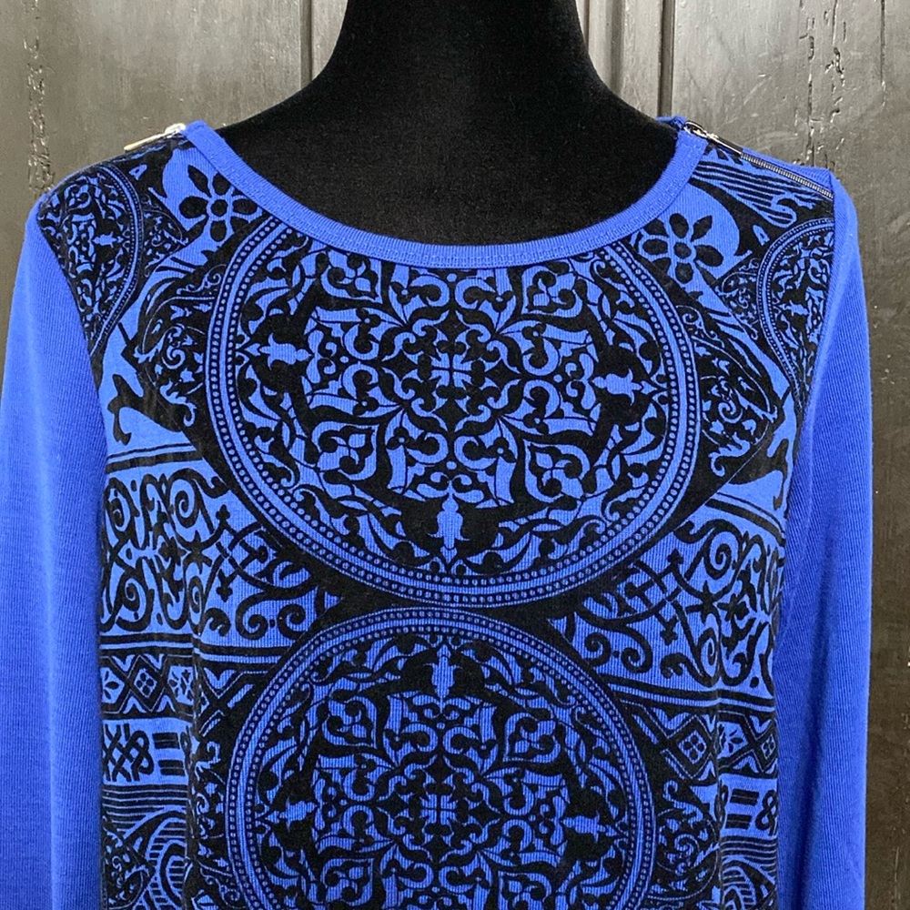 Onque Casual blue/blk longsleeves Tunic sweater -size Medium - Picture 4 of 11